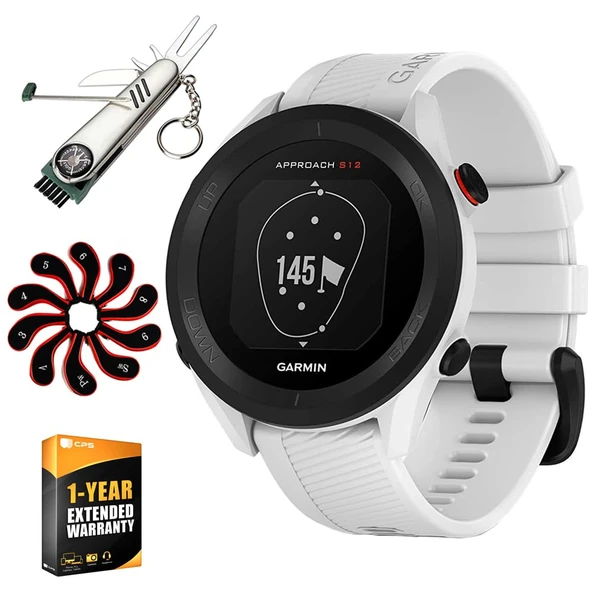 Garmin 010-02472-00 Approach S12 GPS Golf Watch, 42k + Yüklü Dersler (Beyaz) | Resmi ABD Ortak Modeli | Sche with 1 YR CPS Advancedd Protection Pack, 7-in-1 Golf Tool & Iron Head Covers Setleri ürün görseli 1