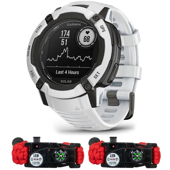 Garmin 010-02805-14 Instinct 2X Solar Rugged GPS Smartwatch Whitestone | Resmi ABD Ortak Modeli | Sche with Deco Essentials 2Pack Emergency Paracord Wear with SOS LED ürün görseli 1
