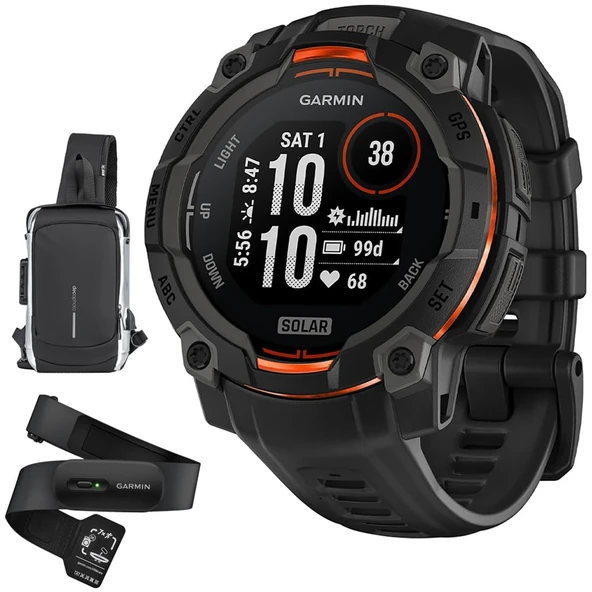 Garmin 010-02934-00 Instinct 3-45mm Açık GPS Smartwatch, Solar, Black w/Black Band Sche with HRM 200 Heart Rate Monitor True Heart Rate & HRV Data (XS-S) & Deco Essentials Sling Backpack ürün görseli 1