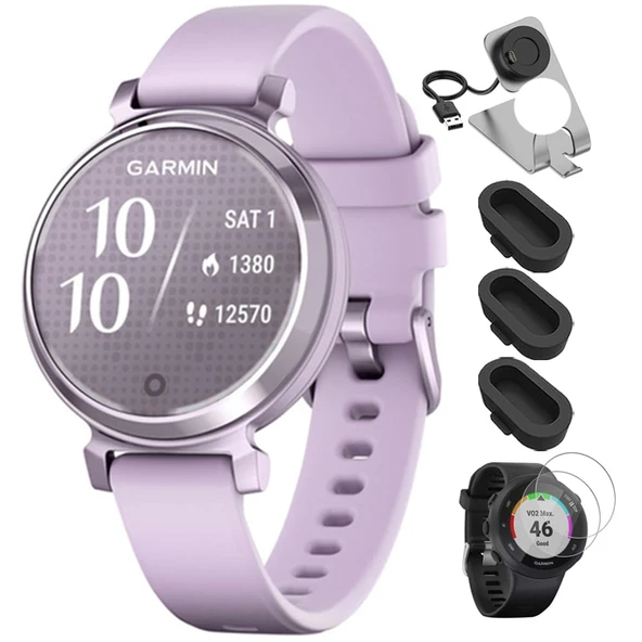 Garmin 010-02208-01 Lily 2 Smartwatch Metallic Lilac ile Lilac Silikon Band Sche with Deco Essentials Şarj Dock, Silikon Dust Cover 3 Pack ve Tempered Glass Ekran Koruyucu 2 Pack ürün görseli 1