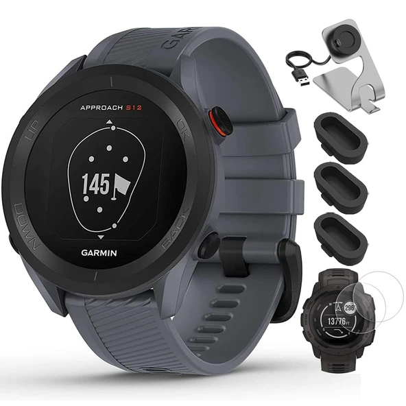 Garmin 010-02472-01 Yaklaşım S12 GPS Golf Watch with 42k + Preloaded Granit Blue Sche with Deco Essentials Şarj Dock, Silikon Dust Cover 3 Pack ve Ekran Koruyucu 2 Pack ürün görseli 1