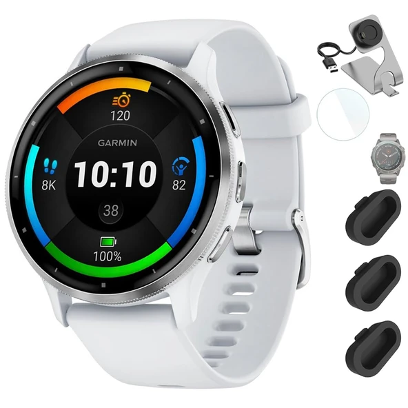 Garmin Venu 3 Health Fitness GPS Smartwatch Silver Steel Bezel w/Whitestone Case (45mm) Fıtlık Venu 3 + Deco Essentials Silikon Kapağı - 3 Pack + 1.4 inç Ekran Koruyucu ürün görseli 1