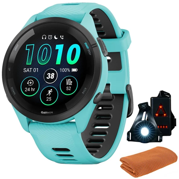 Garmin 010-02810-02 Forerunner 265 GPS Smartwatch, Aqua/Black | Resmi ABD Ortak Modeli | İşout Soğutma Spor Havlusu + Deco Essentials Wearable Commuter Front & Arka Güvenlik Işık Işık Işık Işığı ürün görseli 1