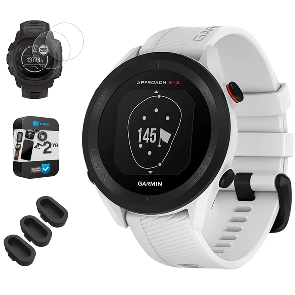 Garmin 010-02472-02 Yaklaşım S12 GPS Golf Watch 42k + Tamamlanan Dersler Beyaz Paket Deco Essentials Silikon Toz Kapak 3 Pack, Ekran Koruyucu 2 Pack ve 2 YR CPS Geliştirilmiş Koruma Paketi ürün görseli 1