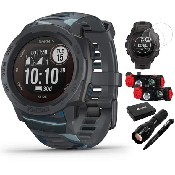 Garmin 010-02293-17 Instinct Solar Rugged Outdoor Watch Surf Edition Boru Grafik with Ekran Koruyucu 2Pack, 2Pack Emergency Shoes with SOS LED Light Bıçağı and Flashlight and Taktik Pen ürün görseli 1