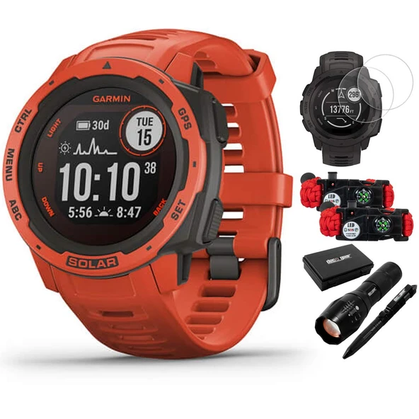Garmin 010-02293-21 Instinct Solar Rugged Outdoor Watch with GPS Flame Red Sche with Ekran Protector 2-Pack, 2-Pack Emergency Shoes with SOS LED Light Bıçağı and Flashlight and Taktik Pen Set Set Set ürün görseli 1