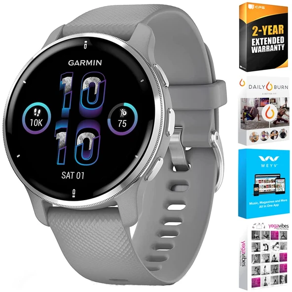 Garmin 010-02496-00 Venu 2 Plus GPS Smartwatch, Silver Paslanmaz Bezel ile Toz Gray Silikon Bantı ile Premium 2 YR CPS Koruma Paketi ve Tech Smart USA Fitness & Wellness Suite ürün görseli 1