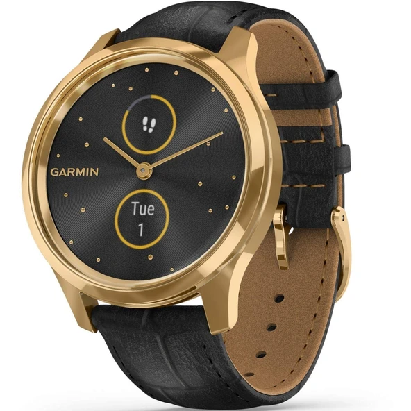Garmin vivomove Luxe, Hybrid Smartwatch with Real Watch Hands and Hidden Color Touchscreens, Gold with Black Deri Band ürün görseli 1