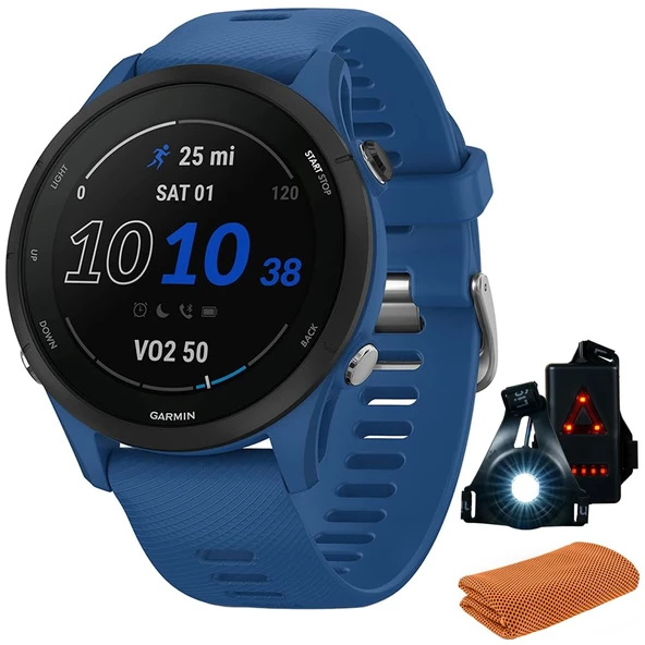 Garmin 010-02641-01 Forerunner 255 GPS Smartwatch, Tidal Blue | Resmi ABD Ortak Modeli | İşout Soğutma Spor Havlusu ve Deco Essentials Wearable Commuter Front ve Arka Güvenlik Işık Işık Işık Işıkları ürün görseli 1