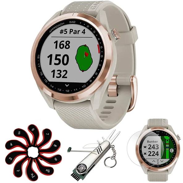 Garmin 010-02572-12 Yaklaşım S42 GPS Golf Watch, Rose Gold with Light Sand Band Sche with Deco Essential Ekran Koruyucu + 7in-1 Multi-Function Golf Tool + Rollsed Golf Iron Head Covers Setleri ürün görseli 1