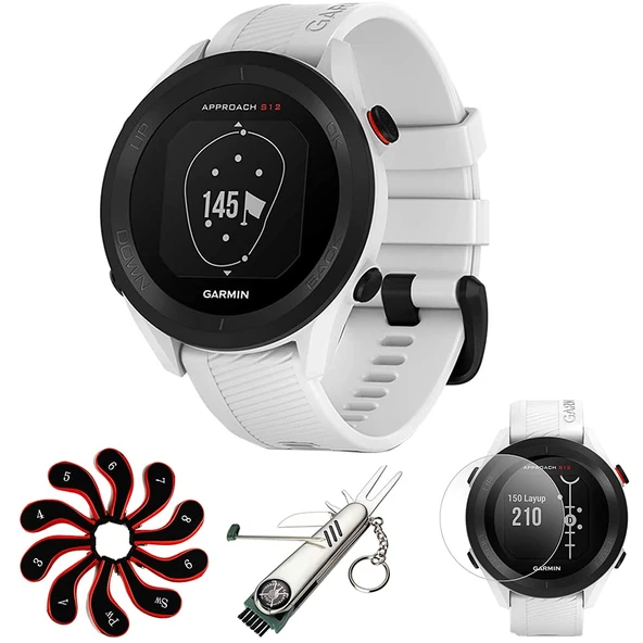 Garmin 010-02472-02 Yaklaşım S12 GPS Golf Watch, 42k + Yüklü Dersler (Beyaz) Fırka Essentials Ekran Koruyucu + 7in-1 Multi-Function Golf Tool + Rollsed Golf Iron Head Covers Setleri ürün görseli 1