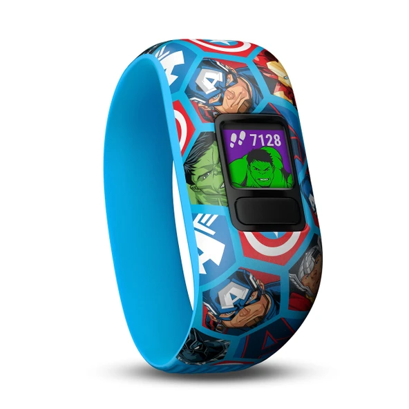 Garmin vivofit jr. Heyecan verici macera uygulaması, adımsayar, mavi, 1 yıla kadar pil ömrü, oynaması eğlenceli, 4 yaş ve üzeri çocuklara yönelik Marvel Avengers su geçirmez aksiyon saati ürün görseli 1