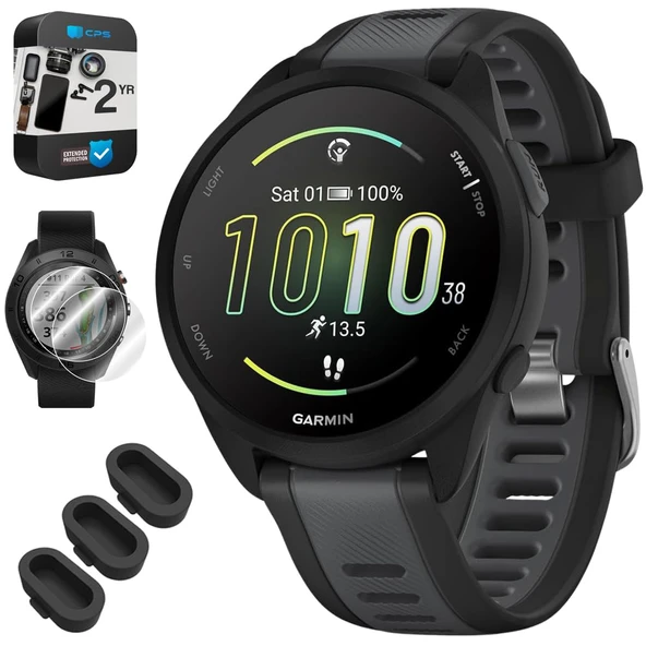 Garmin 010-02863-20 Forerunner 165 Smart Sport Watch, Black + Slate Gray Sche with Silikon Dust Cover 3 Pack, 2X 1.2 Ekran Koruyucu ve 2 YR CPS Geliştirilmiş Koruma Paketi ürün görseli 1