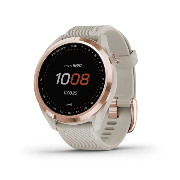 Garmin Yaklaşım S42, GPS Golf Smartwatch, 1.2 ile hafif" Touchscreen, 42k + Yüklü Dersler, Rose Gold Seramik Bezel ve Tan Silikon Grubu, 010-02572-12 ürün görseli 1
