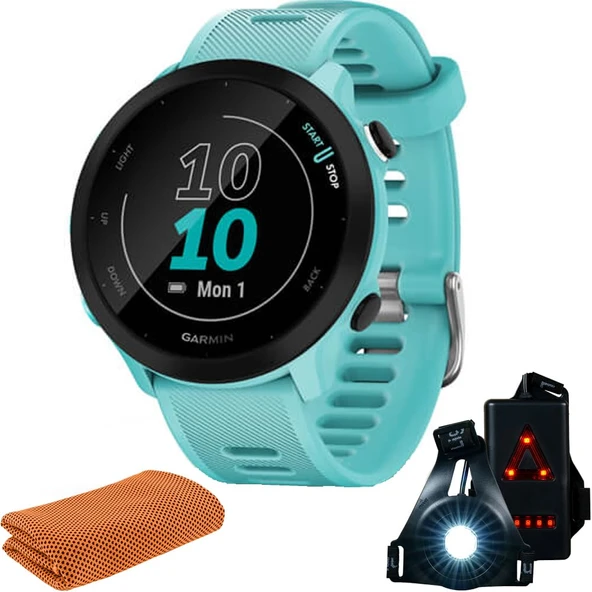 Garmin 010-02562-02 Forerunner 55 GPS Koşu Watch & Activity Tracker (Aqua) Sche with Workout Soğutma Sport Havlu ve Giyilebilir Commuter Front ve Arka Güvenlik Işığı ürün görseli 1