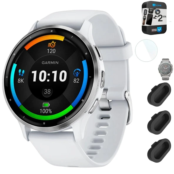 Garmin Venu 3 Health Fitness GPS Smartwatch Silver Steel Bezel w/Whitestone Case (45mm) Sche with 2 Year Korumaio Pack + Deco Essentials Silikon Toz Kapak - 3 Pack + 1.4 inç Ekran Koruyucu ürün görseli 1