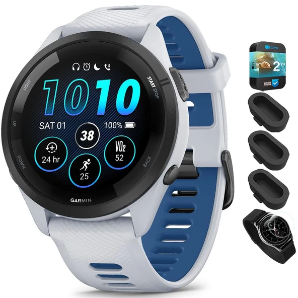 Garmin 010-02810-01 Forerunner 265 GPS Smartwatch Whitestone/Tidal Blue Sche ile Deco Essentials Silikon Dust Cover 3 Pack, Round Ekran Koruyucu ve 2 YR CPS Geliştirilmiş Koruma Paketi ürün görseli 1