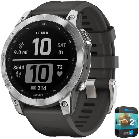 Garmin 010-02-2017 Fenix 7 Smartwatch Silver with Graphite Band | Resmi ABD Ortak Modeli | Sche with 2 YR CPS Geliştirilmiş Koruma Paketi ürün görseli 1