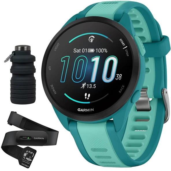 Garmin Forerunner 165 Music Smart Sport Watch, Turquoise + Aqua with HRM 200 Heart Rate Monitor (XS-S) Sche with Deco Essentials Collapsable Water Şişe ürün görseli 1