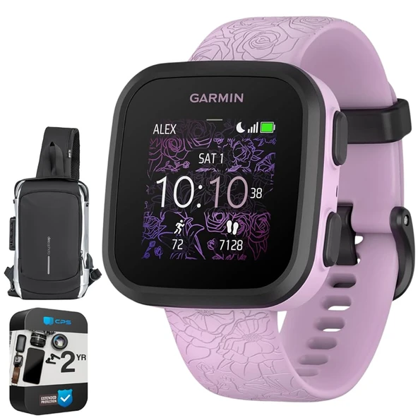 Garmin Bounce Kid Smartwatch Two-way Text & Voice Messaging, Lilac Floral 010-02448-01 | Resmi ABD Ortak Modeli | Sche with 2 YR CPS Advancedd Protection Pack & Deco Essentials Sling Backpack ürün görseli 1