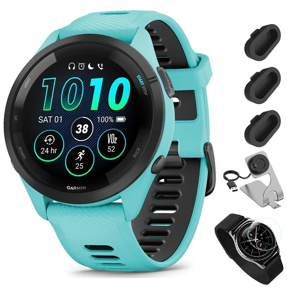 Garmin Forerunner 265 GPS Smartwatch, Aqua/Black Sche with Deco Essentials Şarj Dock Venu 3 + Silikon Kapak + Round Tempered Glass Ekran Koruyucu ürün görseli 1