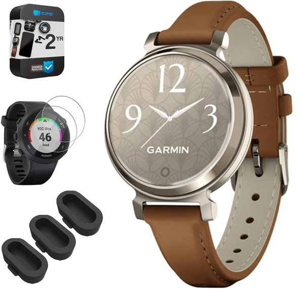 Garmin 010-02208-02 Lily 2 Classic Cream Gold with Tan Deri Band Smartwatch Sche with Silikon Dust Cover 3 Pack, Tempered Glass Ekran Koruyucu 2 Pack ve 2 YR CPS Geliştirilmiş Koruma Paketi ürün görseli 1