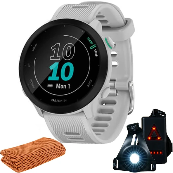 Garmin 010-02562-01 Forerunner 55 GPS Koşu Watch & Activity Tracker (Beyaz) Sche with Workout Soğutma Sport Havlu ve Giyilebilir Commuter Front ve Arka Güvenlik Işığı ürün görseli 1