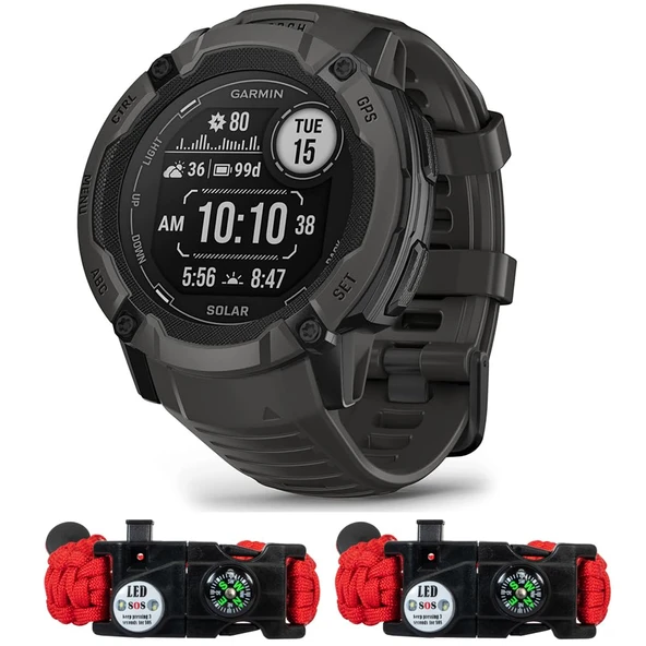 Garmin 010-02805-10 Instinct 2X Solar Rugged GPS Smartwatch Graphite | Resmi ABD Ortak Modeli | Sche with Deco Essentials 2Pack Emergency Paracord Shoes with SOS LED ürün görseli 1