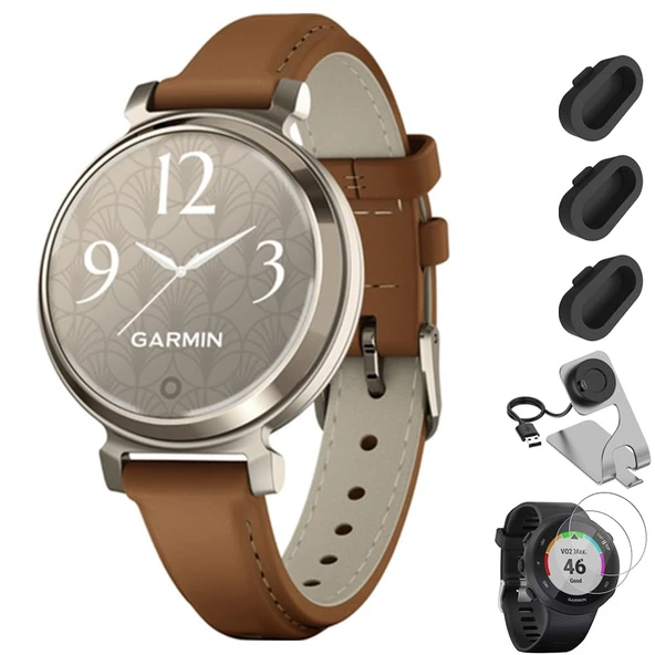 Garmin Lily 2 Classic Cream Gold with Tan Deri Band Smartwatch Sche with Şarj Dock for Venu 3 + Silikon Toz Kapak (3-Pack) + Tempered Glass Ekran Koruyucu (2-Pack) ürün görseli 1