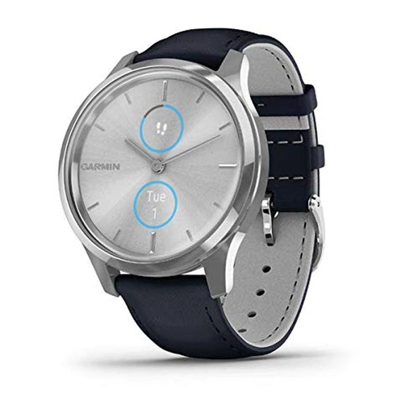 Garmin vivomove Luxe, Hybrid Smartwatch with Real Watch Hands and Hidden Color Touchscreens, Silver with Navy Deri Band (Renewed) ürün görseli 1