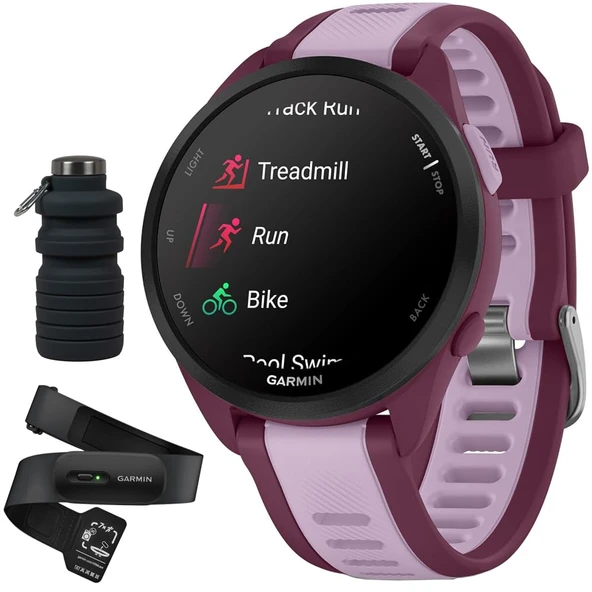 Garmin Forerunner 165 Music Smart Sport Watch, Berry + Lilac with HRM 200 Heart Rate Monitor (M-XL) Sche with Deco Essentials Collapsable Water Şişe ürün görseli 1