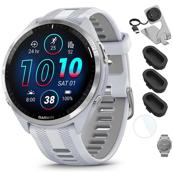 Garmin 010-02809-01 Forerunner 965 Smartwatch Whitestone ve Toz Gray Sche ile Deco Essentials Şarj Dock, Silikon Dust Cover 3 Pack ve 1.4 inç Ekran Koruyucu ürün görseli 1