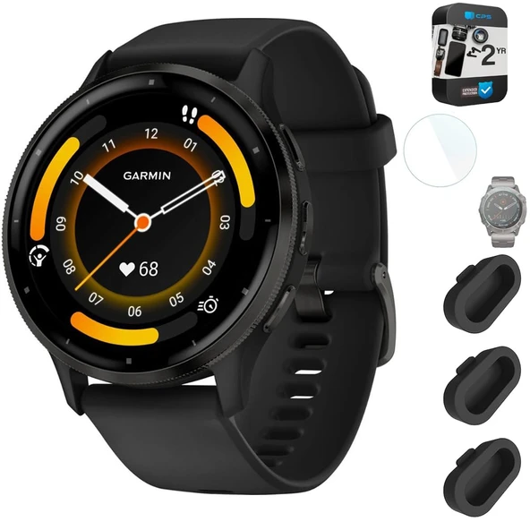 Garmin Venu 3 Health and Fitness GPS Smartwatch Steel Bezel w/Black Case (45mm) Sche with 2 Year Korumaio Pack + Deco Essentials Silikon Toz Kapak - 3 Pack + 1.4 inç Ekran Koruyucu ürün görseli 1