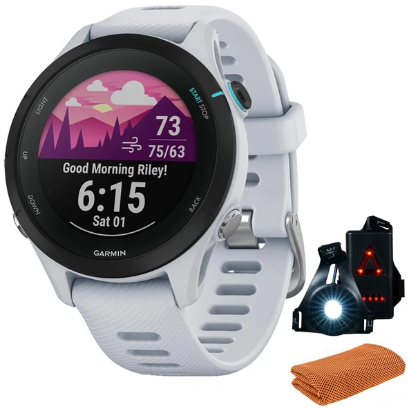 Garmin 010-02641-23 Forerunner 255S Music GPS Smartwatch, Whitestone Sche with Workout Soğutma Sport Havlu ve Deco Essentials Wearable Commuter Front and Arka Safety Light ürün görseli 1