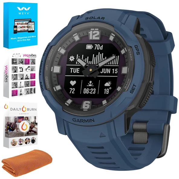 Garmin 010-02730-12 Instinct Crossover Solar Rugged Hybrid Smartwatch w/Solar Şarj, Tidal Blue Sche with Tech Smart USA Fitness & Wellness Suite and Workout Soğutma Spor Havlusu ürün görseli 1