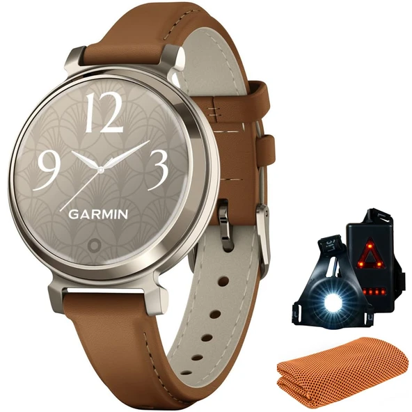 Garmin 010-02208-02 Lily 2 Classic Cream Gold with Tan Deri Band Smartwatch | Resmi ABD Ortak Modeli | Spor Havlusu + Deco Essentials Wearable Commuter Front & Arka Güvenlik Işık ürün görseli 1