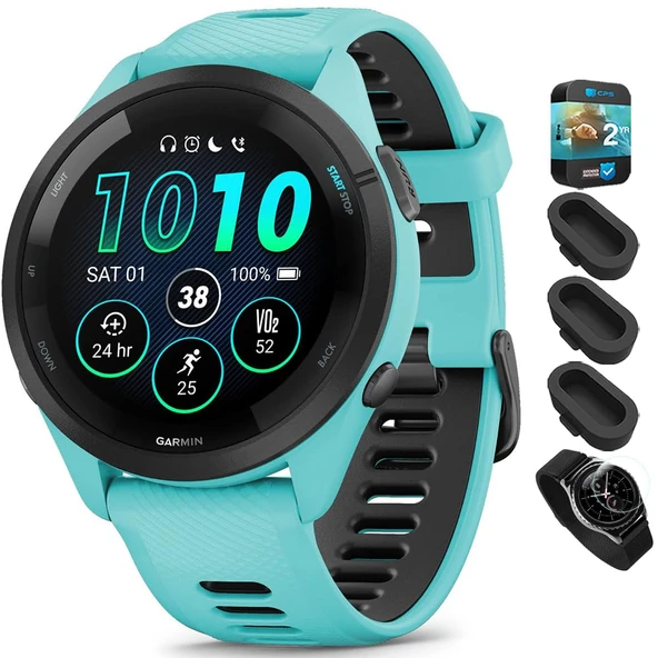 Garmin 010-02810-02 Forerunner 265 GPS Smartwatch Aqua/Black Sche ile Deco Essentials Silikon Dust Cover 3 Pack, Round Tempered Glass Ekran Koruyucu ve 2 YR CPS Geliştirilmiş Koruma Paketi ürün görseli 1