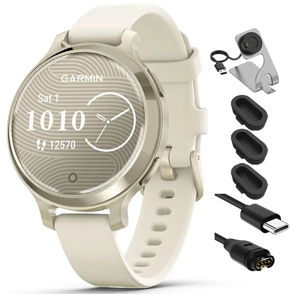 Garmin 010-02891-00 Lily 2 Active Smartwatch Ay Gold with Bone silikon Band Sche with Deco Essentials Şarj Dock, Silikon Dust Cover 3 Pack and USB Type C Şarj ve Sen Cable ürün görseli 1