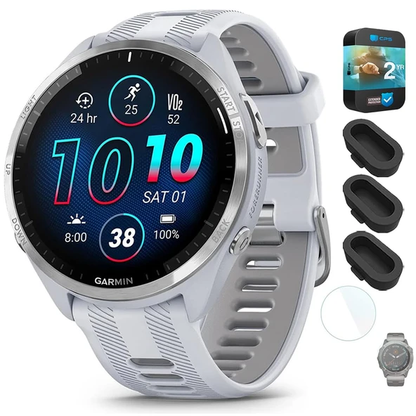 Garmin 010-02809-01 Forerunner 965 Smartwatch Whitestone ve Toz Gray Sche ile Silikon Dust Cover 3 Pack, 1.4 inç Ekran Koruyucu ve 2 YR CPS Geliştirilmiş Koruma Paketi ürün görseli 1
