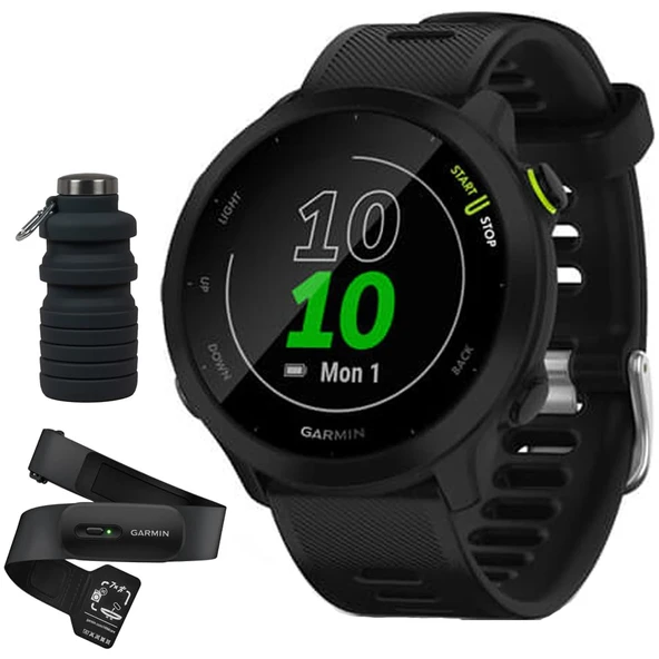 Garmin 010-02562-00 Forerunner 55 GPS Run & Activity Tracker - HRM 200 Heart Rate Monitor (M-XL) & Deco Essentials Collapsable 24oz Su Şişesi ürün görseli 1