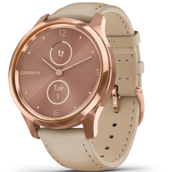 Garmin vivomove Luxe, Hybrid Smartwatch with Real Watch Hands and Hidden Color Touchscreens, Rose Gold with Light Sand Deri Band ürün görseli 1