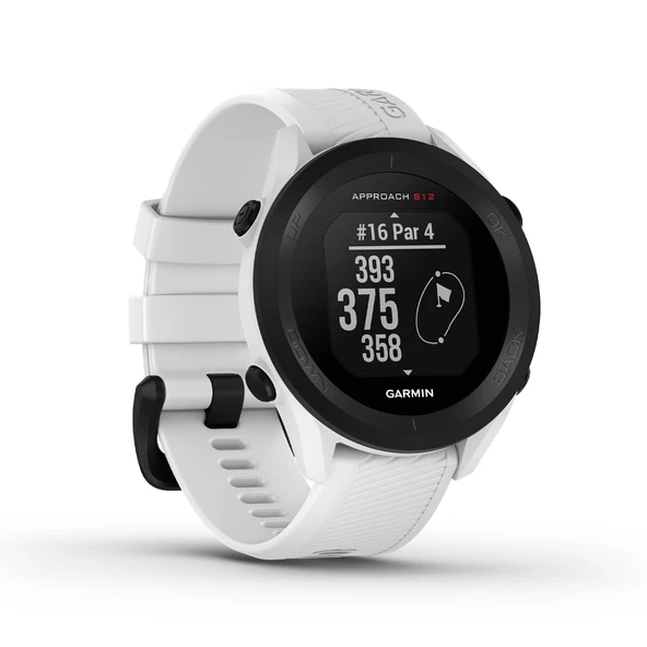 Garmin Approach S12 - 42.000 golf sahasında atış mesafesi ölçümü ve sahalara/engellere olan mesafe bilgilerine sahip GPS golf saati. Kolay kullanımlı 1,3" ekran ve golf modunda 30 saate kadar pil ömrü ürün görseli 1