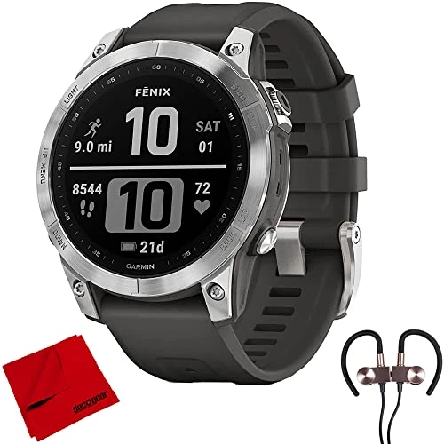 Garmin 010-02-2017 Fenix 7 Smartwatch - Graphite Band ile Gümüş | Resmi ABD Ortak Modeli | Sche with Deco Gear Manyetik Kablosuz Sport Earbuds + Deco Gear Microfiber Temizlik Kumaş ürün görseli 1