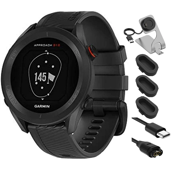 Garmin 010-02472-00 Yaklaşım S12 GPS Golf Watch 42k + Preloaded Courses Black Sche with Deco Essentials Şarj Dock, Silikon Dust Cover 3 Pack and USB Type C Şarj ve Sen Cable ürün görseli 1