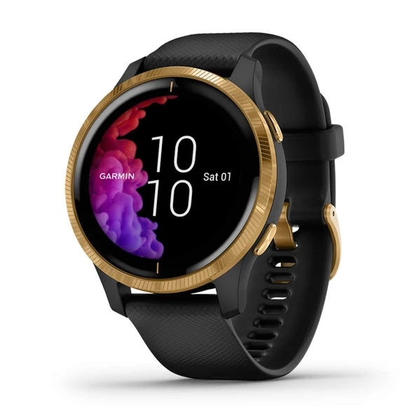 Garmin 010-02173-31 Venu, GPS Smartwatch, Bright Touchscreen, Özellikler Müzik, Body Energy Watch, Animation Workouts, Pulse Ox Sensör ve daha fazlası, Black Band ile Altın ürün görseli 1