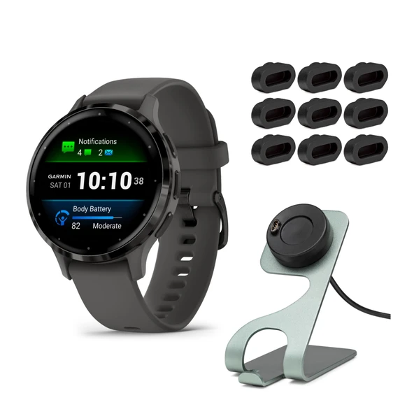 Garmin Venu 3S Smartwatch (Slate/Gray) Uygulamalı Stand ve Port Plugs (3 Madde) ürün görseli 1