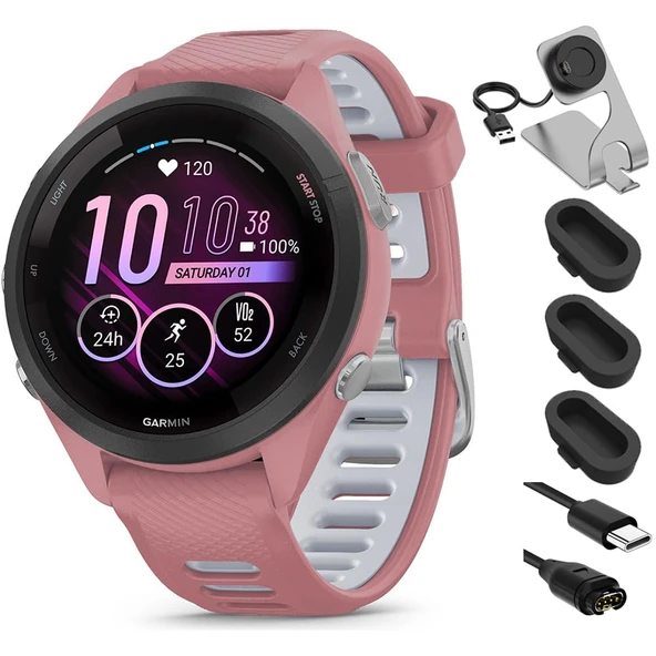 Garmin 010-02810-05 Forerunner 265S GPS Smartwatch Light Pink/Whitestone Sche ile Deco Essentials Şarj Dock, Silikon Dust Cover 3 Pack ve USB Type C Şarj Kablosu ürün görseli 1