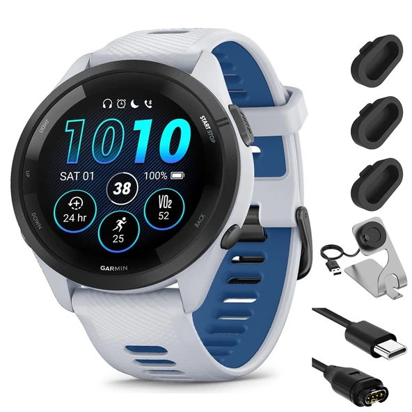 Garmin Forerunner 265 GPS Smartwatch, Whitestone/Tidal Blue Sche with Deco Essentials Şarj Dock Venu 3 + Silikon Toz Kapak + USB Type C Şarj ve Sen Kablo ürün görseli 1