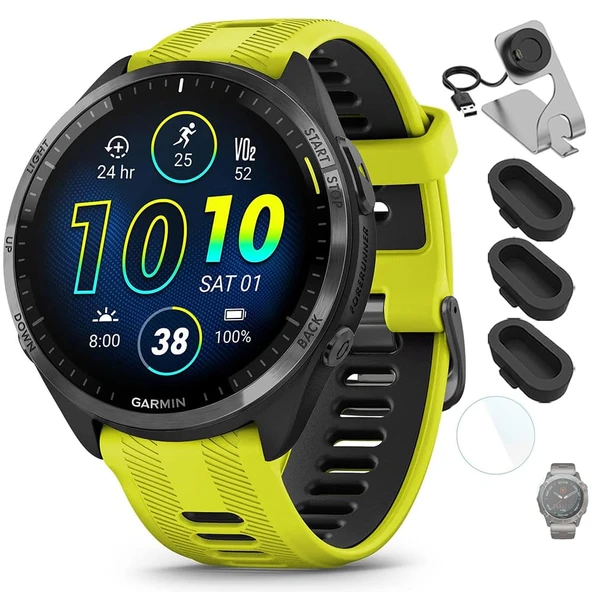 Garmin 010-02809-02 Forerunner 965 Smartwatch Amp Yellow and Black Sche with Deco Essentials Şarj Dock, Silikon Dust Cover 3 Pack ve 1.4 inç Ekran koruyucu ürün görseli 1