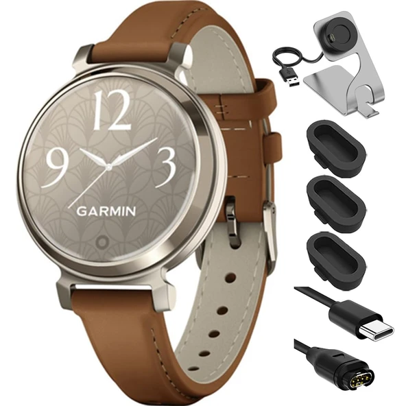 Garmin 010-02208-02 Lily 2 Classic Cream Gold with Tan Deri Band Smartwatch Sche with Deco Essentials Şarj Dock, Silikon Dust Cover 3 Pack and USB Type C Şarj ve Sen Cable ürün görseli 1